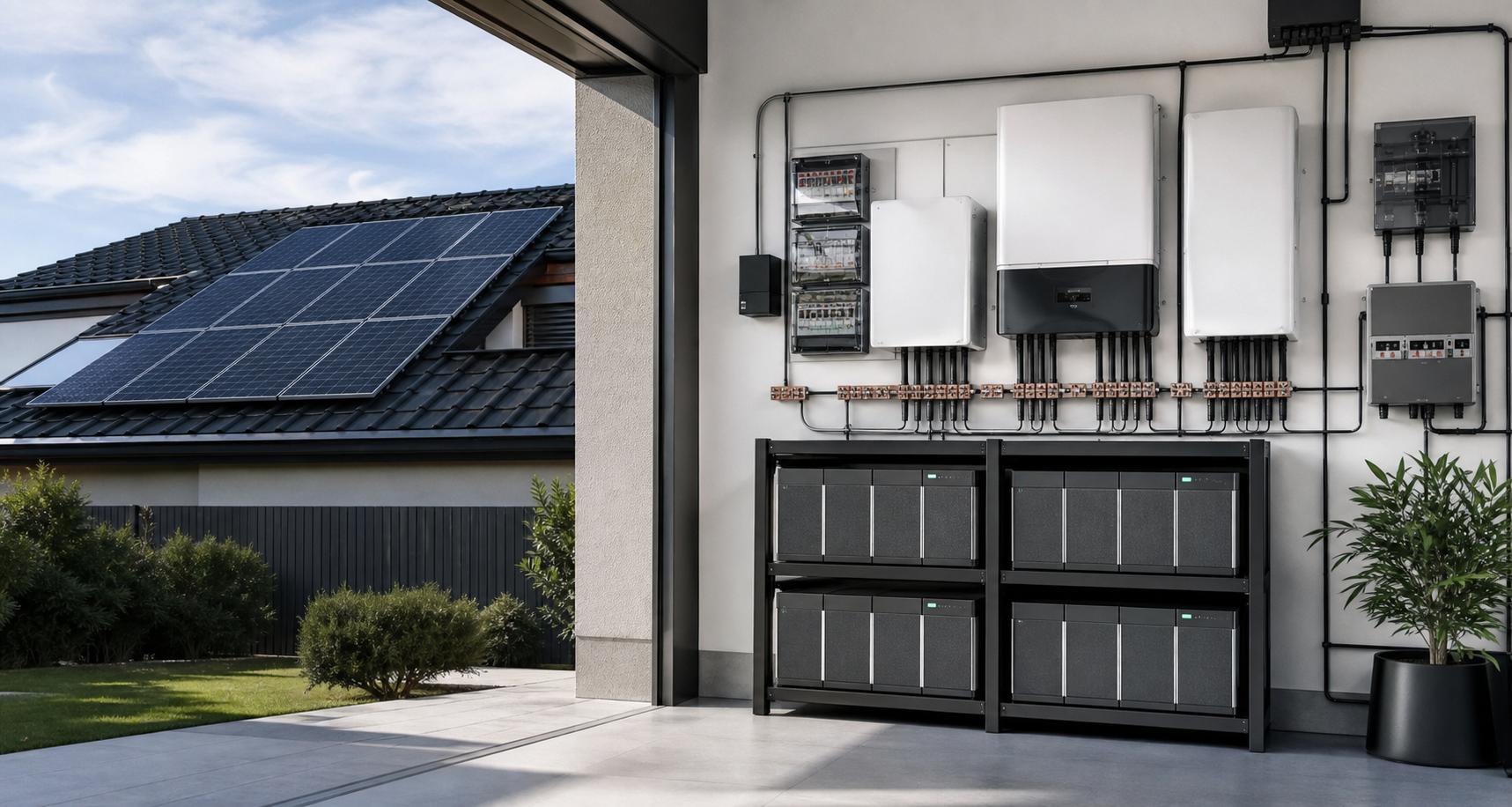 Nowoczesna instalacja off-grid z panelami fotowoltaicznymi, falownikiem i magazynem energii LiFePO4